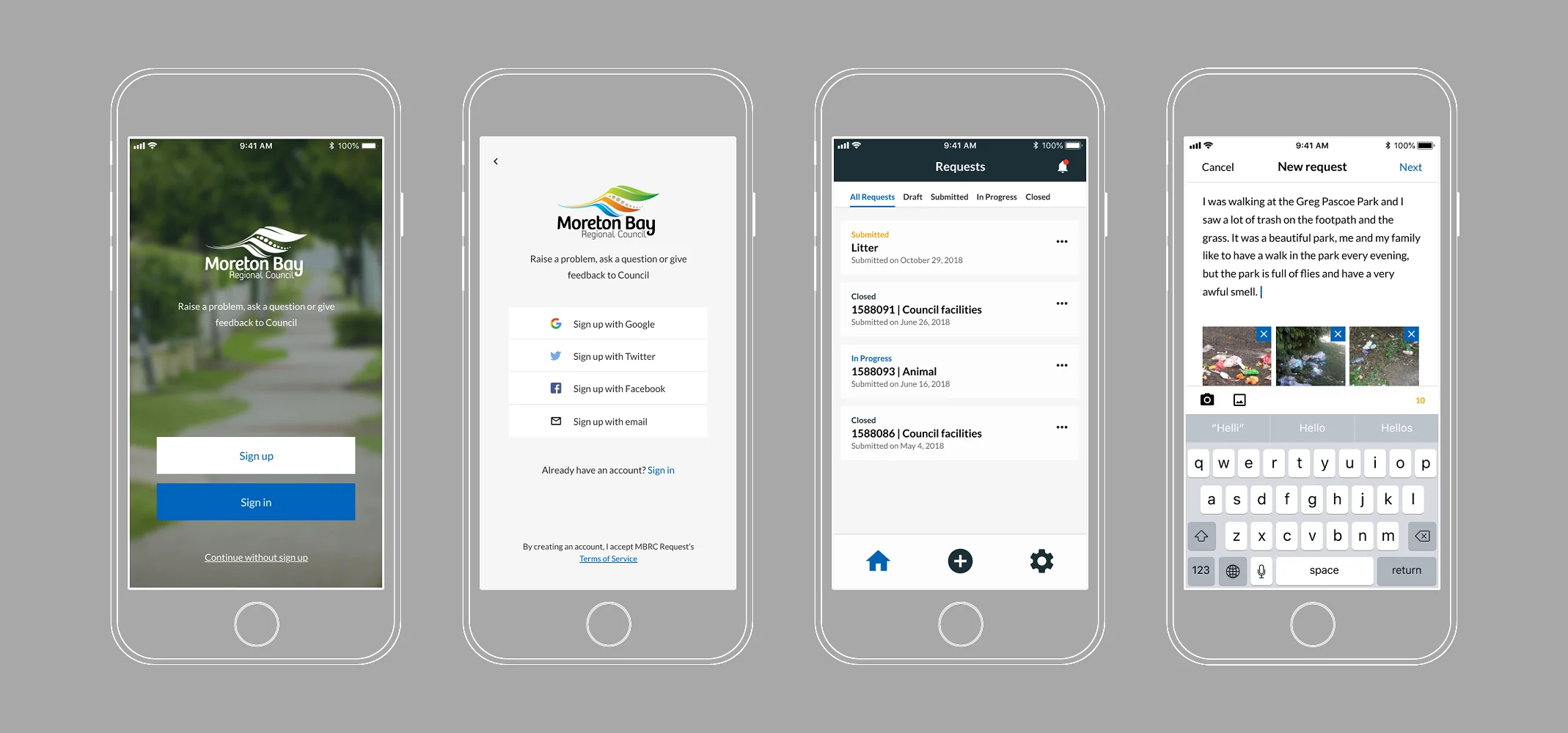 Moreton Bay Regional Council Request app screens